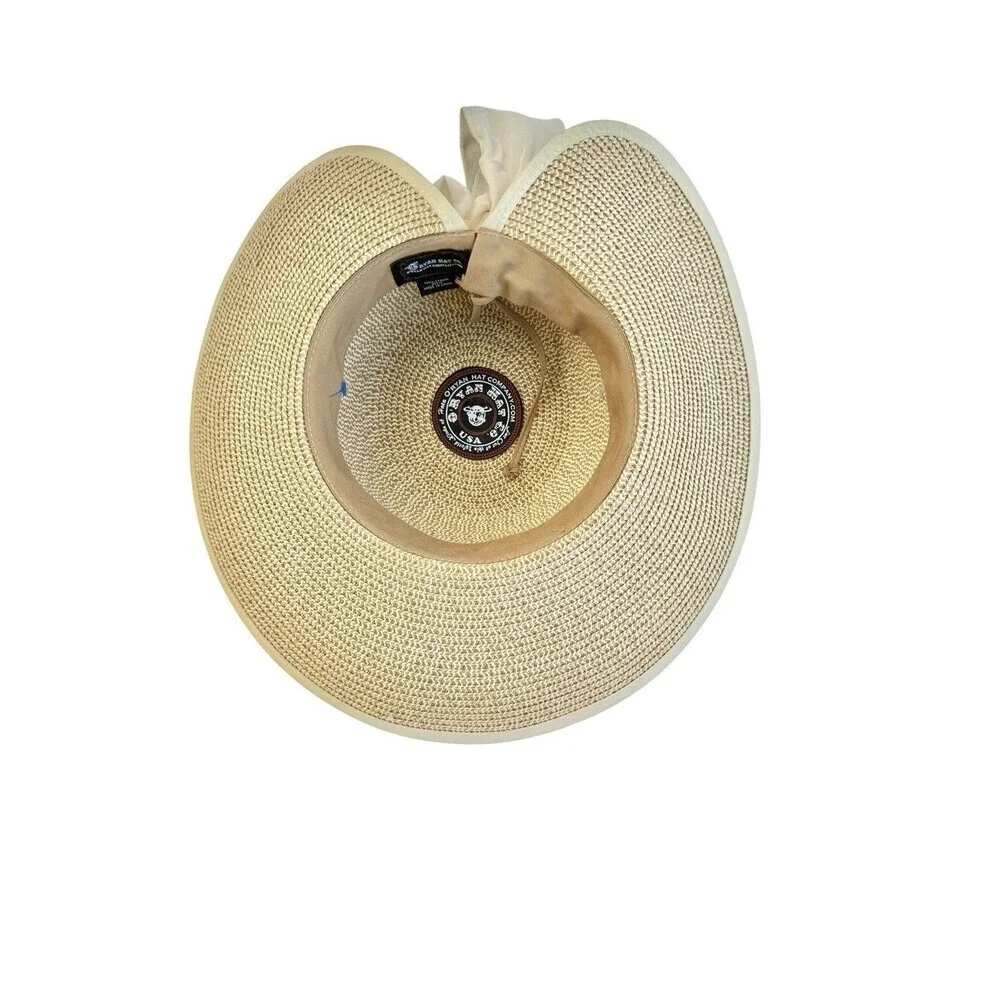 O’Ryan Wide Brim Straw Sun Hat Cream Ribbon Bow Open Back Boho Festival OS